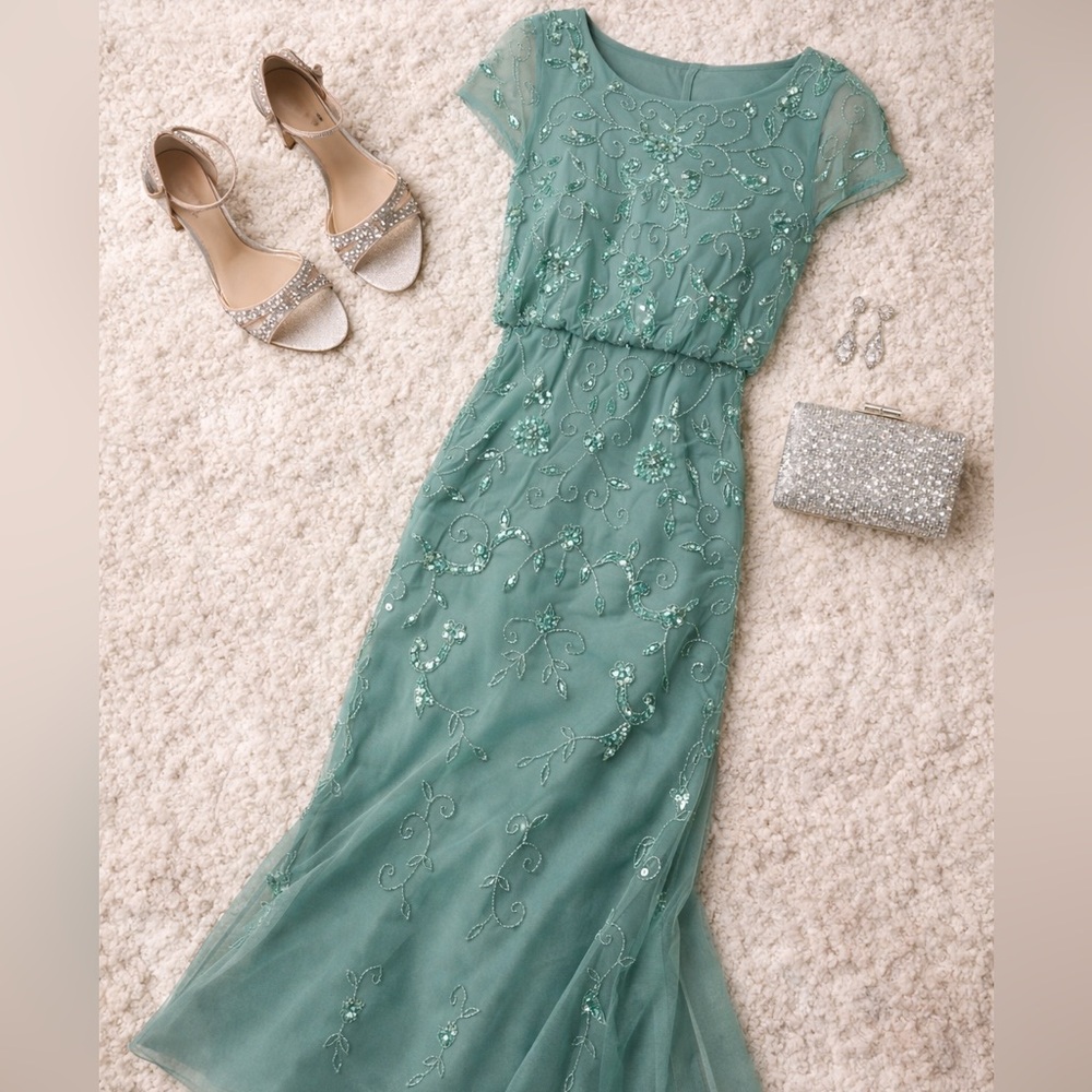 Adrianna Papell Green Beaded Blouson 20W Formal Dress Gown NWT Plus Size Formal - Picture 3 of 7